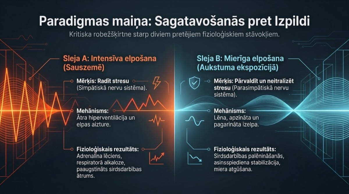 Intensīva elpošana uz sauszemes pret mierīgu elpu aukstumā