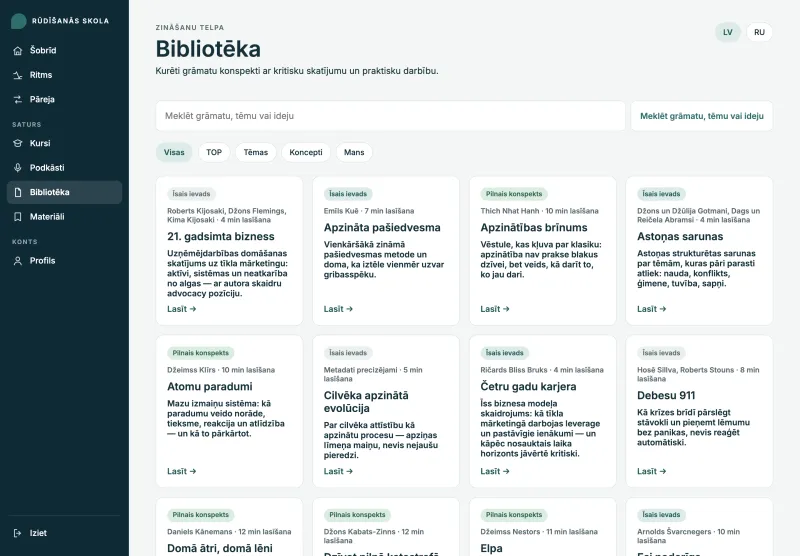 Bibliotēka ar grāmatu konspektiem un meklēšanu