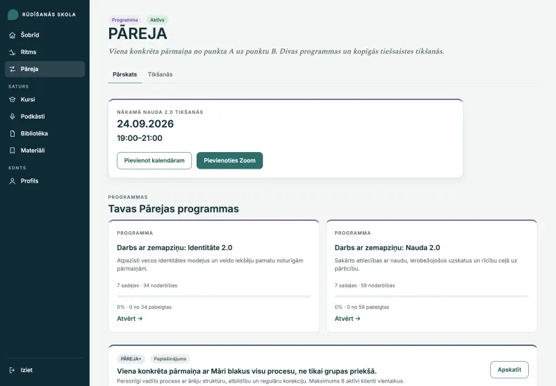 Pārejas programmas skats portālā ar Identitāti 2.0 un Naudu 2.0