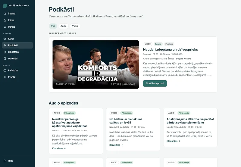 Podkāstu sadaļa portālā ar Nauda 2.0 audio epizodēm un video sarunu