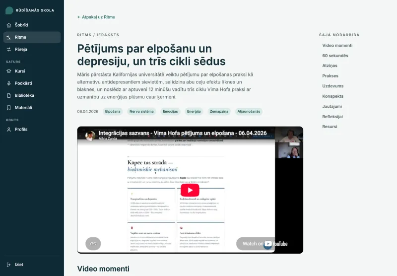 Ritma nodarbības skats portālā ar video, kopsavilkumu un praksēm