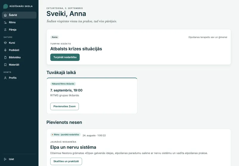 Portāla sākumlapa Šobrīd ar nākamo tikšanos, jaunāko nodarbību un programmu pārskatu